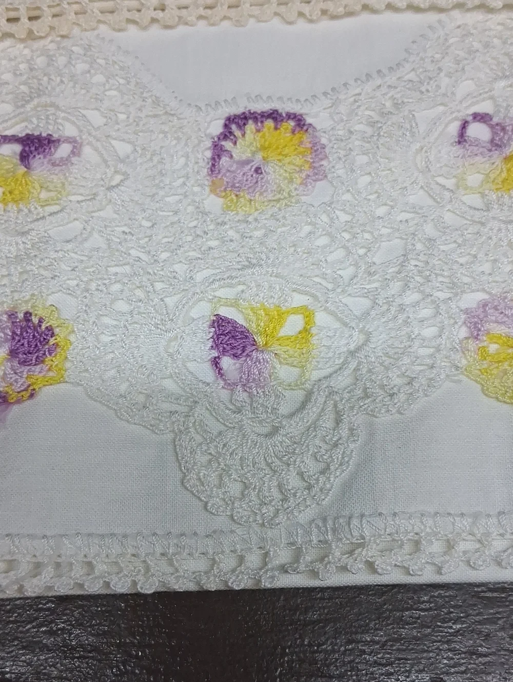 Vtg. Pillowcases Tatted purple & yellow flowers & white lace cottage core estate